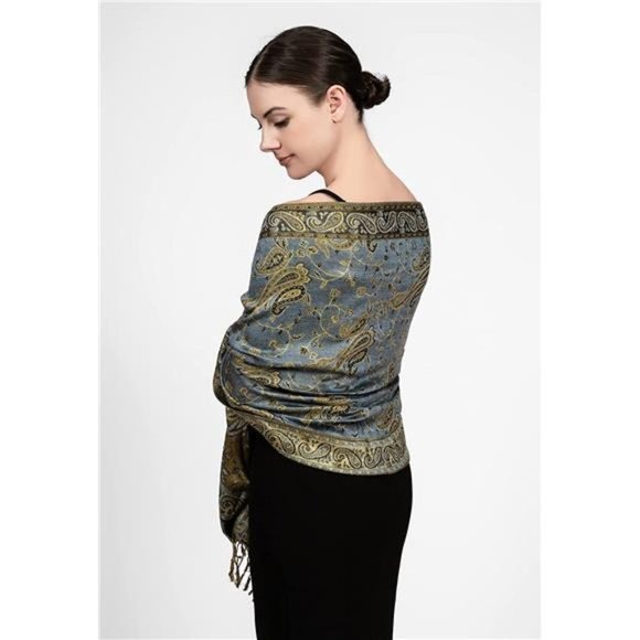 Beige/Gray/Gold Reversible Paisley Shimmering Lurex Pashmina Scarf Wrap Shawl
